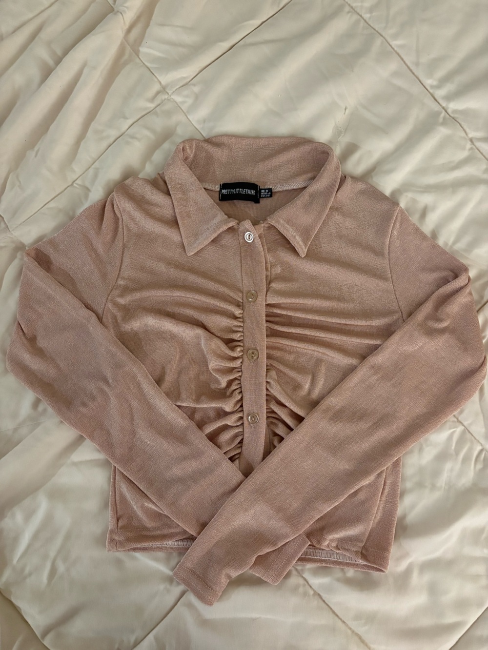 PrettyLittleThing Pink Shimmery Ruched Button-Up Top